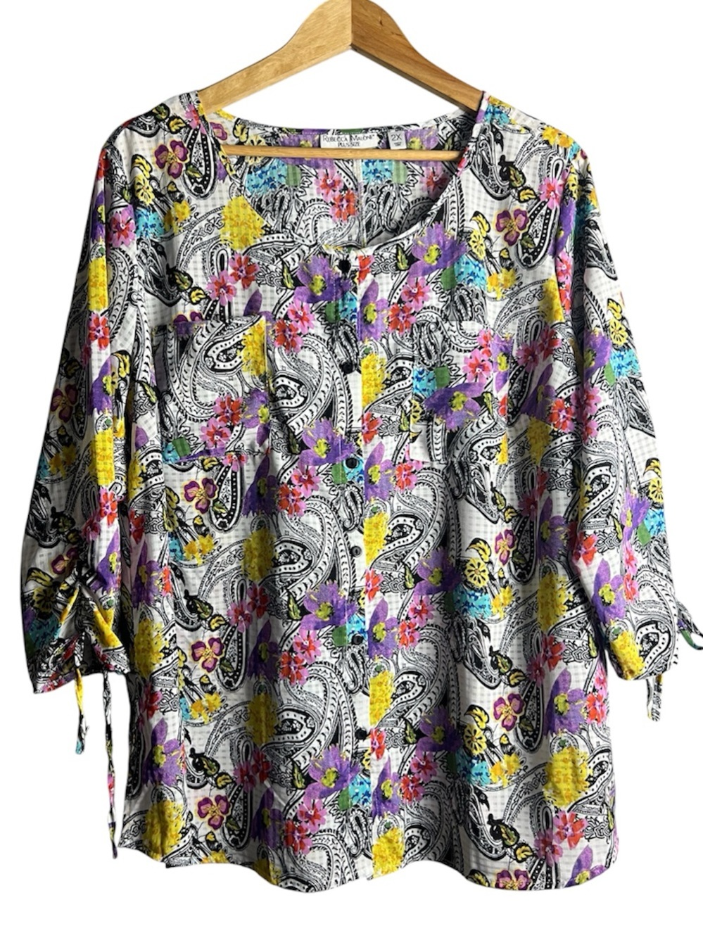 Colorful Retro Paisley Floral Tunic Blouse 3/4 Tie Sleeve Lightweight 2X